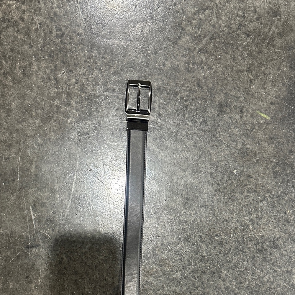 Classic Black/Brown Leather Belt with Reversible Silver Buckle